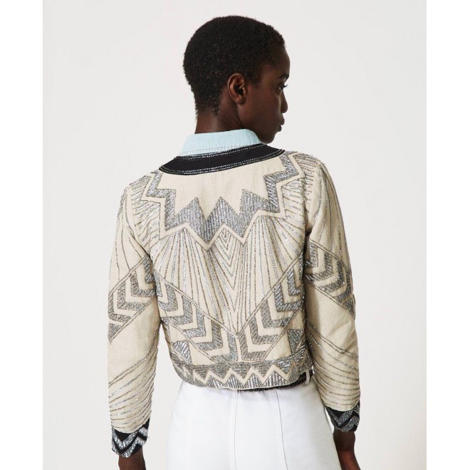 Boxy linen blend jacket with embroideries