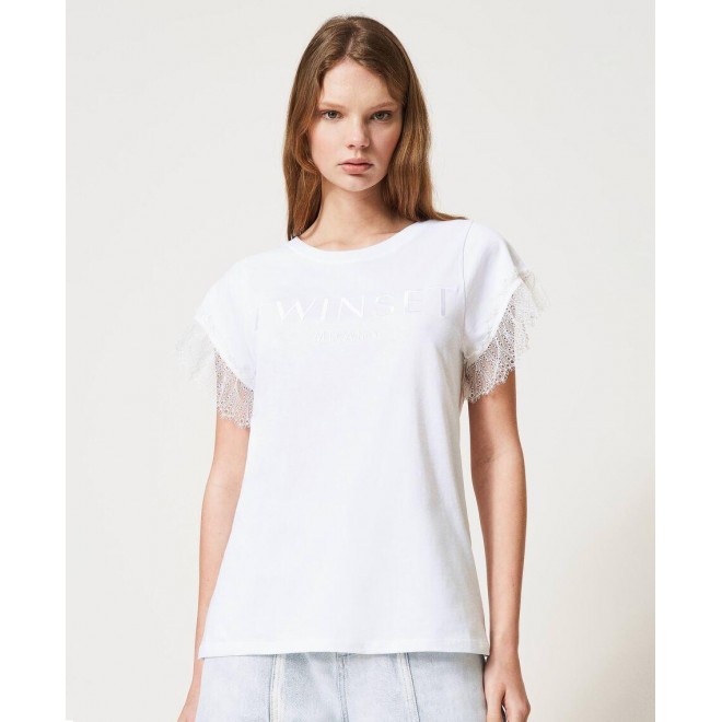 T-shirt with logo and lace sleeves