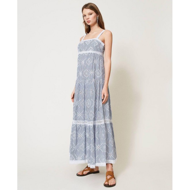 Poplin long dress with broderie anglaise