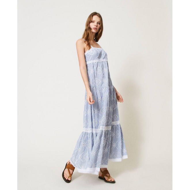 Poplin long dress with broderie anglaise