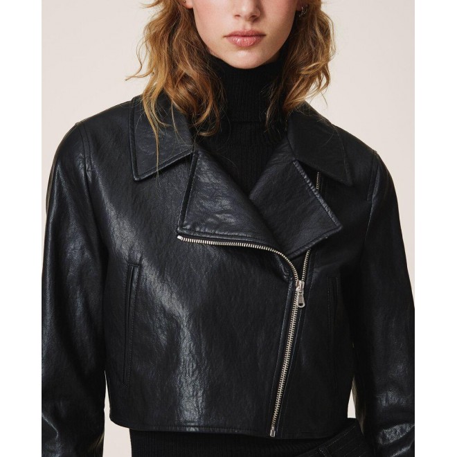 Faux leather cropped biker jacket