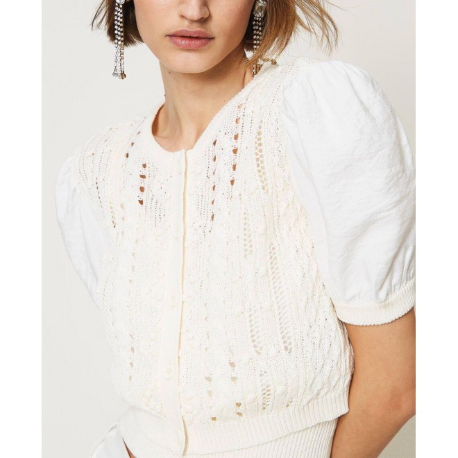 Cardigan with mixed knit, openwork and top