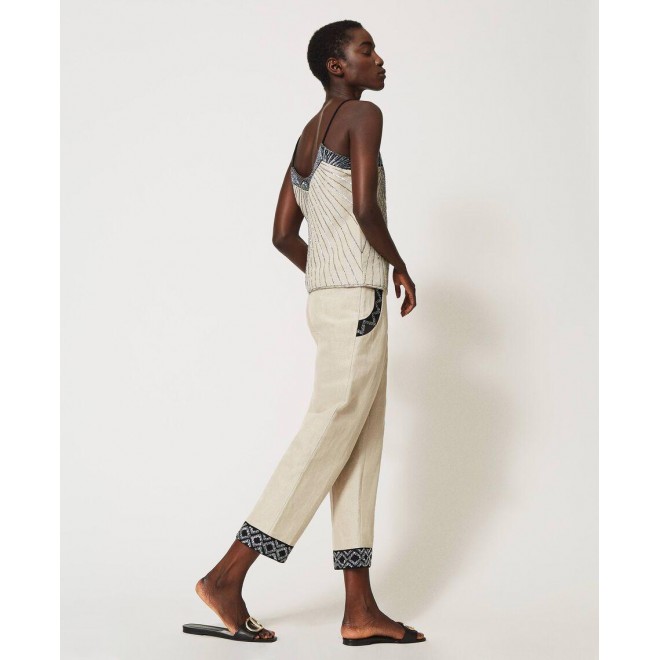 Linen blend trousers with embroideries