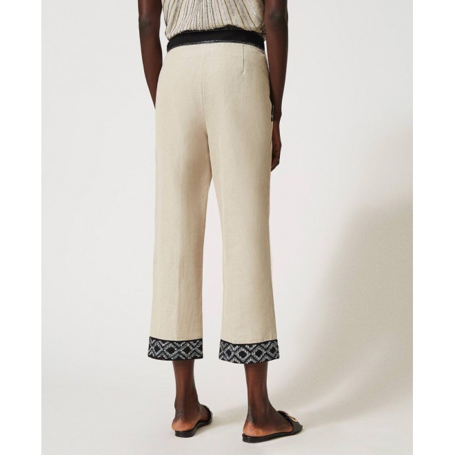 Linen blend trousers with embroideries