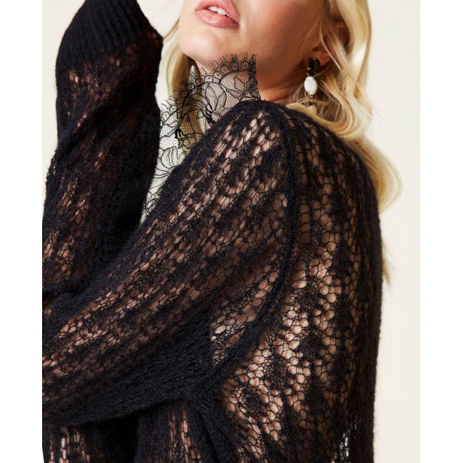 Wool blend openwork maxi jumper with lace