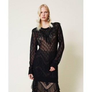 Wool blend openwork maxi jumper with lace