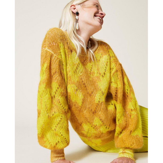 Mohair openwork jumper with floral print