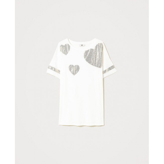 Maxi T-shirt with laminated hearts
