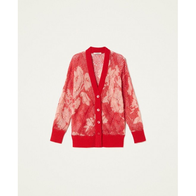 Mohair blend openwork cardigan with floral print