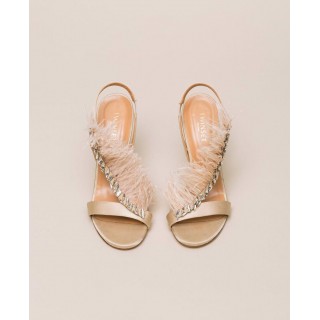 Satin sandals with feathers