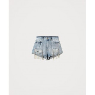 Denim shorts with bezel fringes